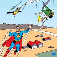 An illustration of Superman flying through the sky, viewed from below like an airplane.