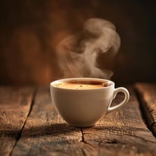 A cup of freshly brewed coffee with visible steam rising from it.
