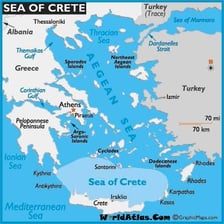 A map and coastal landscape of Crete, Greece.