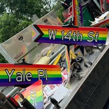 A colorful neighborhood scene associated with an LGBTQ+ community