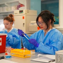 A scientist conducting research at a laboratory workbench.