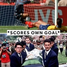 A soccer match scene depicting a player scoring into their own team’s net.
