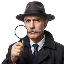 A vintage-style depiction of a private detective examining evidence