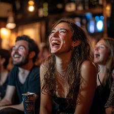 A person smiling and laughing during an entertaining performance.