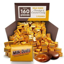 Milk Duds chocolate-covered candy pieces shown with their box