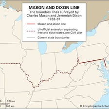 A map showing the historical Mason-Dixon Line.