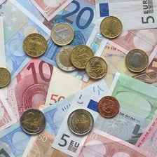 Euro coins and banknotes displayed as European currency