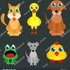 A collection of common and unusual household pets, including dogs, cats, frogs, and rats.
