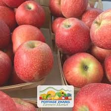 An apple at a farmers market contrasted with an Apple retail store.