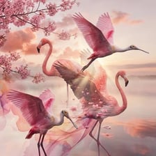 A pink flamingo and blooming pink cherry blossoms