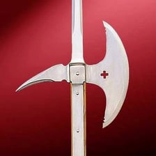 A medieval poleaxe with a long wooden shaft and metal head