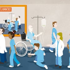 A doctor and a registered nurse working together in a hospital.