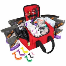 An open first-aid kit containing bandages and other medical supplies