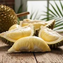 A whole durian showing its hard, pointed outer skin.