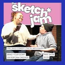 Performers acting out a brief comic scene onstage.