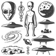 An illustration of extraterrestrial beings associated with a flying saucer