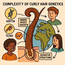 An educational illustration connecting DNA and genes with inherited curly hair