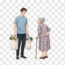 A person helping another carry groceries, illustrating a notably kind act.