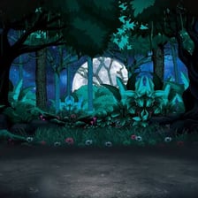 A theater stage with constructed scenery and a backdrop