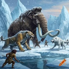 An illustration of a woolly mammoth and saber-toothed tiger in an Ice Age landscape