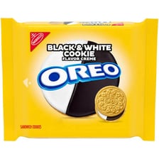 Oreo cookies showing dark wafers and white creme filling.