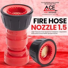 A fire truck with a large hose and nozzle attached.