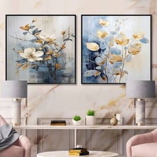Several framed artworks displayed as wall decorations
