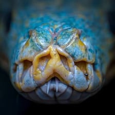 A close-up view of a snake extending its forked tongue