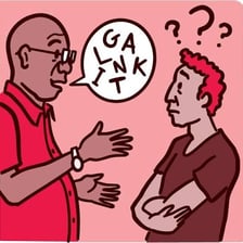 A person asking someone to repeat themselves during a conversation.