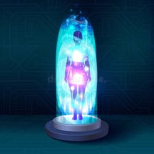 A science-fiction scene showing a person being transported in a beam of light.