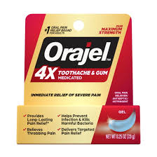 A package of Orajel oral pain-relief gel.