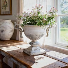 A decorative urn standing on a pedestal-like base.