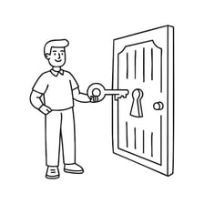 A hand turns a key in a front door lock.