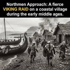Viking longships approaching a coastal settlement during a raid.