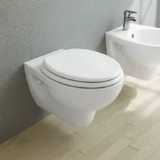 A standard bathroom toilet