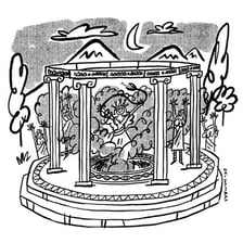 An artistic depiction of an ancient Greek oracle at a temple