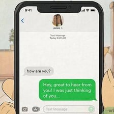 A phone displaying a casual check-in text message.