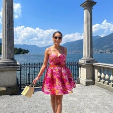 A long maxi dress shown alongside a shorter mini dress.