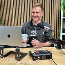 An interview setup with microphones positioned for speakers