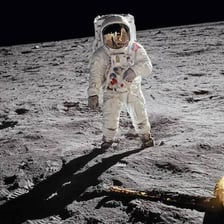 Astronaut Buzz Aldrin in an Apollo 11 spacesuit.