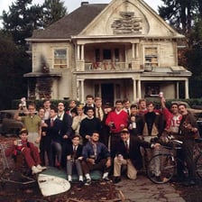 The exterior of a fraternity house.