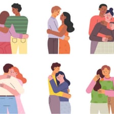 A couple kissing in public beside an older handheld digital assistant