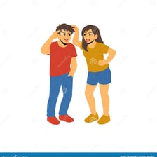 Two friends smiling during a playful conversation.
