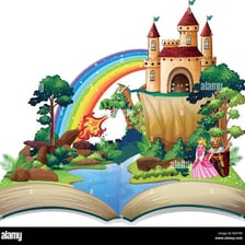 An open storybook with an illustration suggesting a fairy tale.