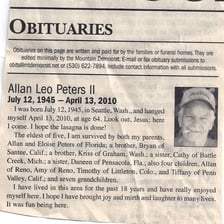 A newspaper page containing an obituary