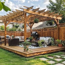 A gazebo set in a landscaped backyard
