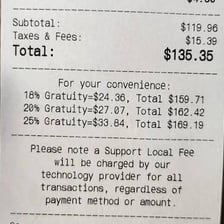 A receipt showing a subtotal followed by a tax charge.