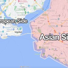 A map showing Istanbul divided between its European and Asian sides by the Bosporus.