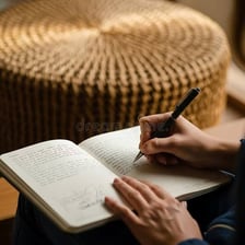 A person writing in a notebook with a pen