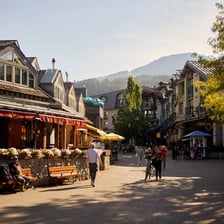 A tourist-oriented resort town with seasonal businesses.